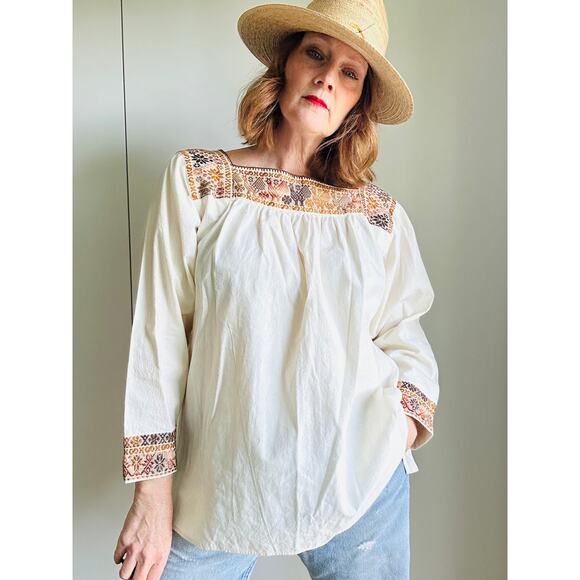 Vintage 70s Peasant Blouse Boho Hand Embroidered Cotton Folk Festival Shirt SZ M - Picture 10 of 13